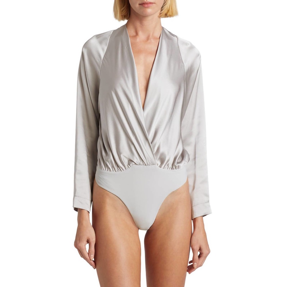NWT The Sei Platinum Raglan-Sleeve Silk Wrap Bodysuit Size 0